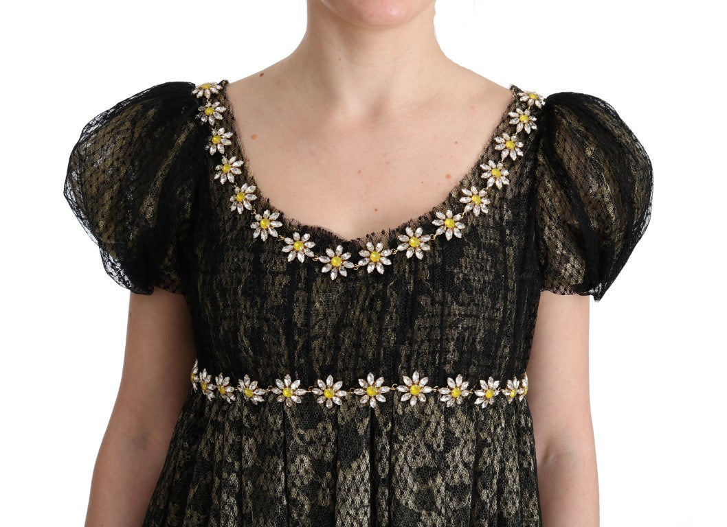 Dolce &amp; Gabbana Sunflower Lace Crystal Maxi Shift Dress