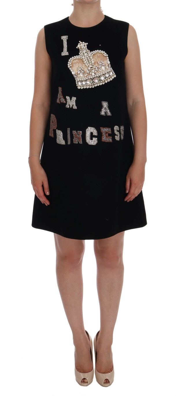 Dolce &amp; Gabbana Black Wool Princess Dress with Crystal