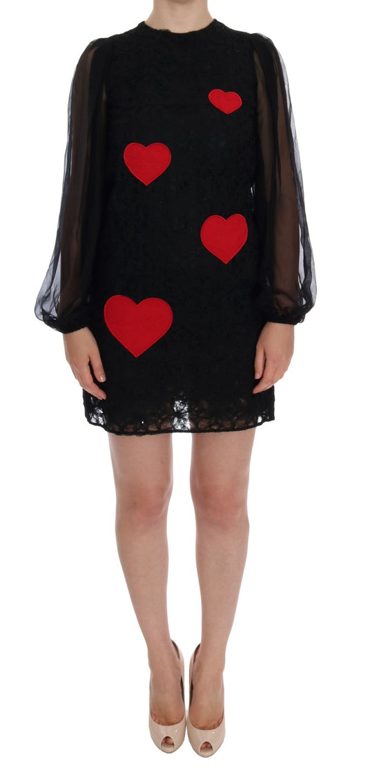 Dolce &amp; Gabbana Elegant black shift dress with lace heart appliqué