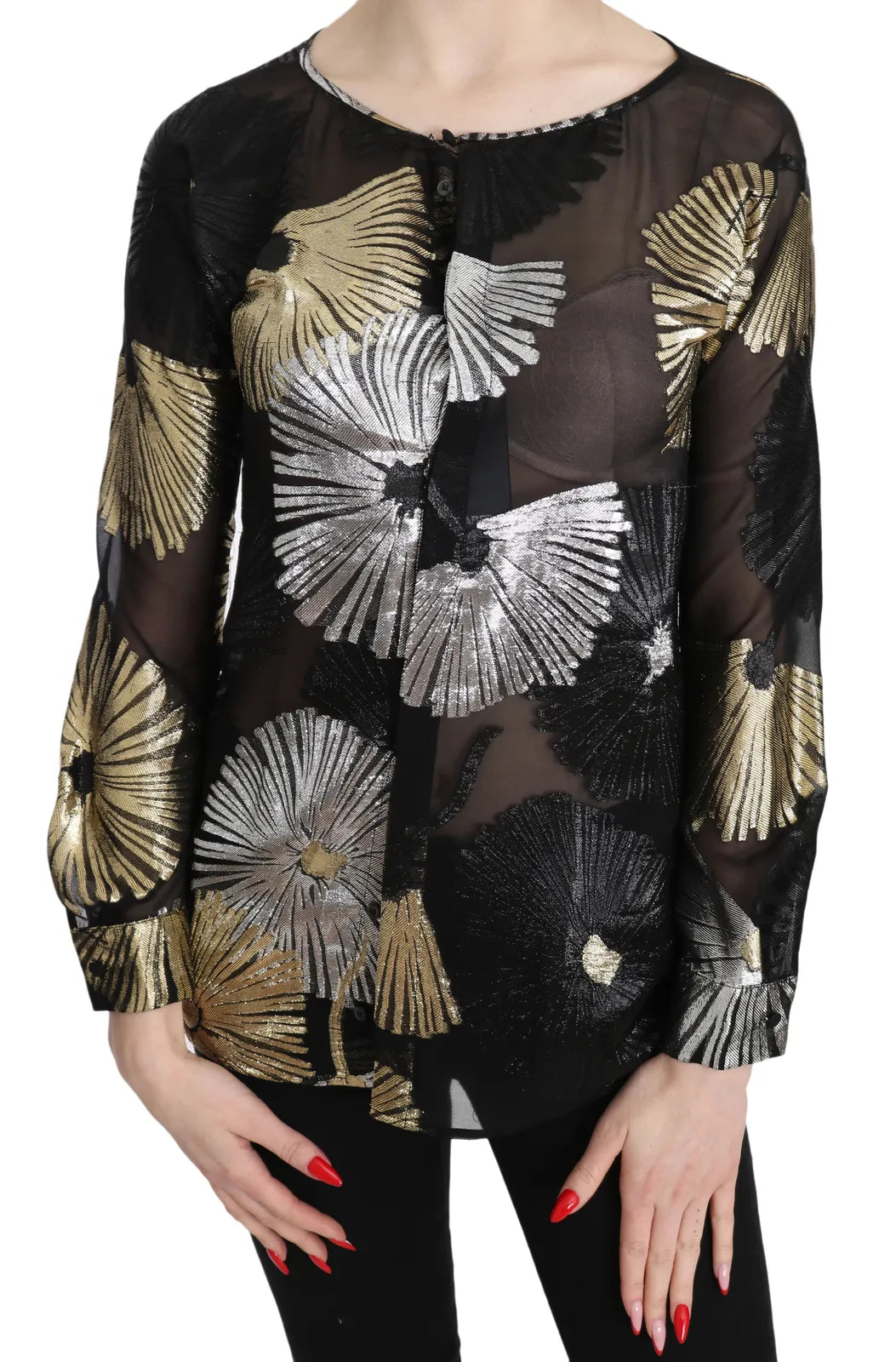 Dsquared² Gold Silber Seidenjacquard See Through Top Bluse