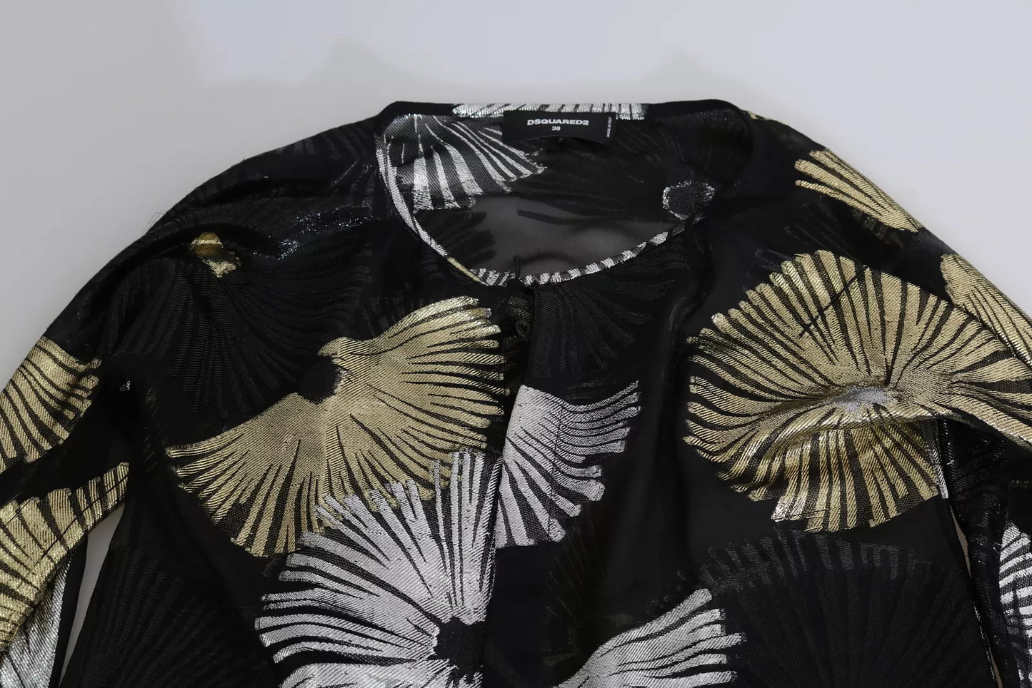 Dsquared² Gold Silber Seidenjacquard See Through Top Bluse