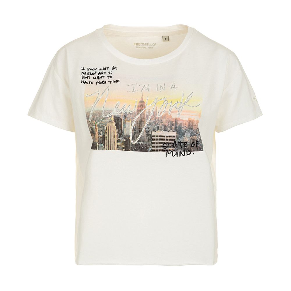 Fred Mello Elegant white graphic t-shirt with rhinestone accent