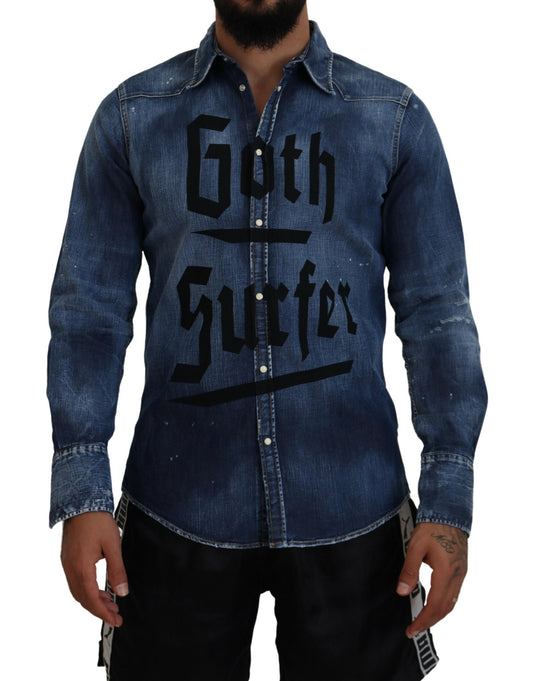 Dsquared² Blue Washed Goth Surfer Print Men's Denim Shirt