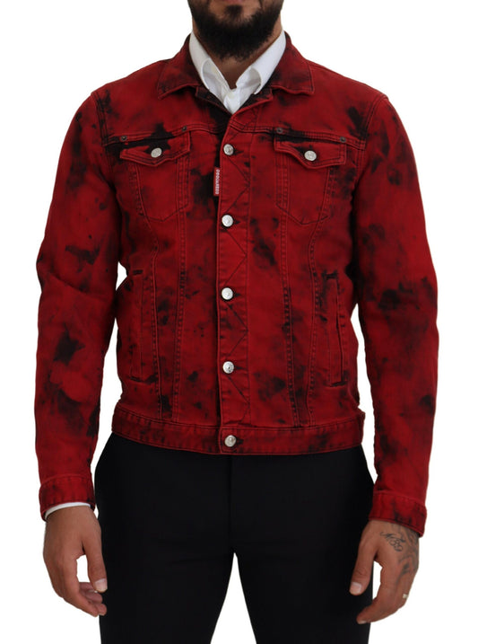 Dsquared² Rot Schwarz Krawatte Farbstoff Collared Männer Denim Jacke