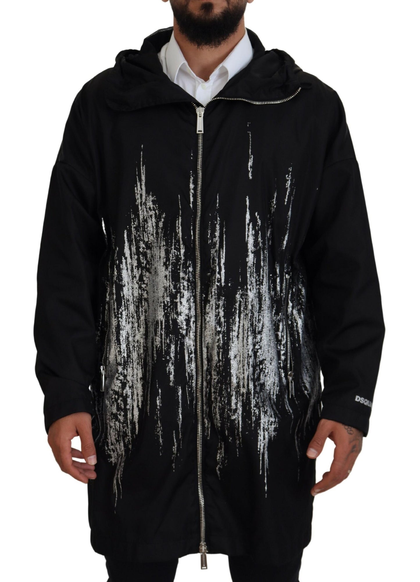 Dsquared² Black White Print Long Coat Hooded Nylon Jacket