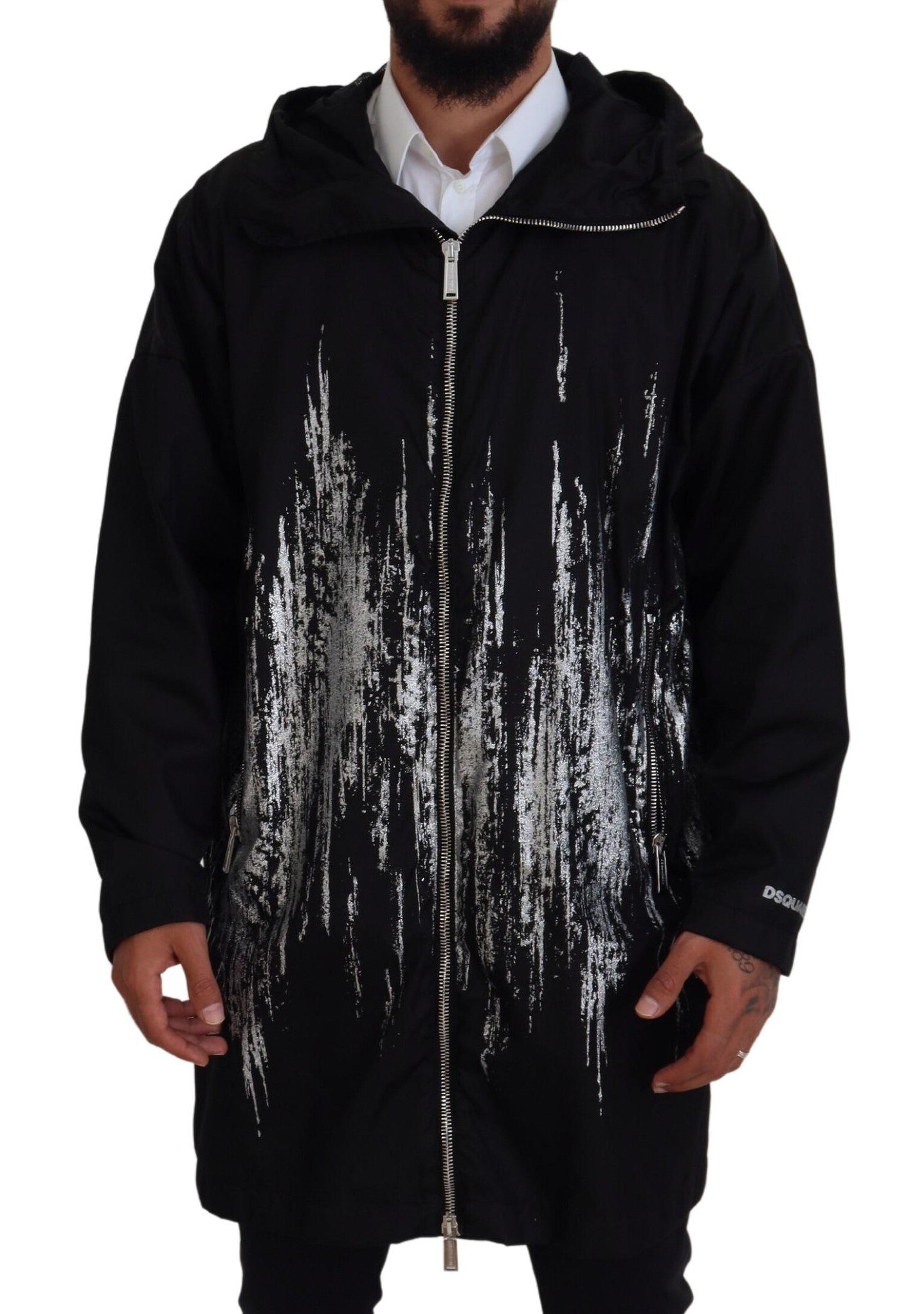 Dsquared² Black White Print Long Coat Hooded Nylon Jacket