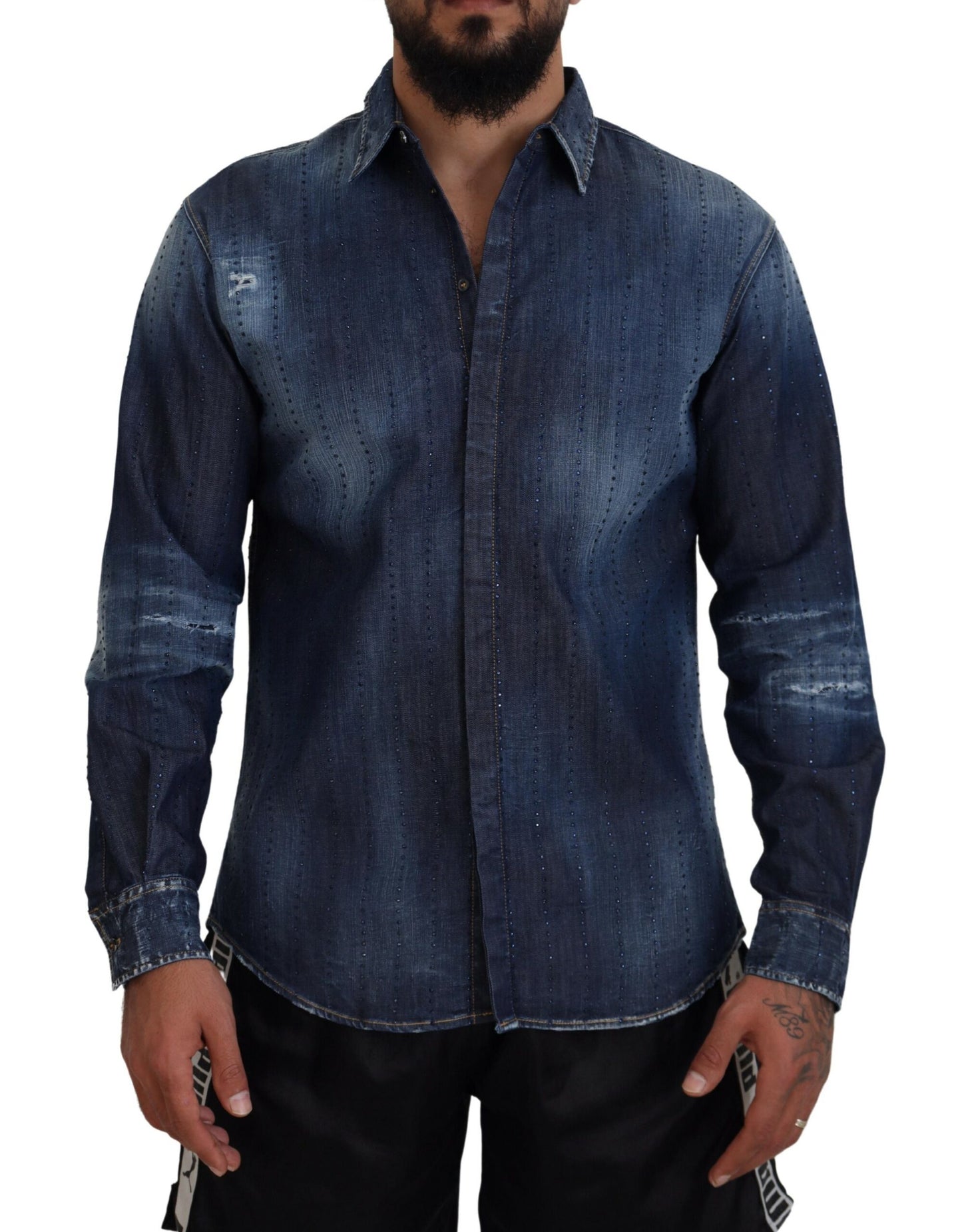 Dsquared² Blue tattered denim shirt with crystal embellishment