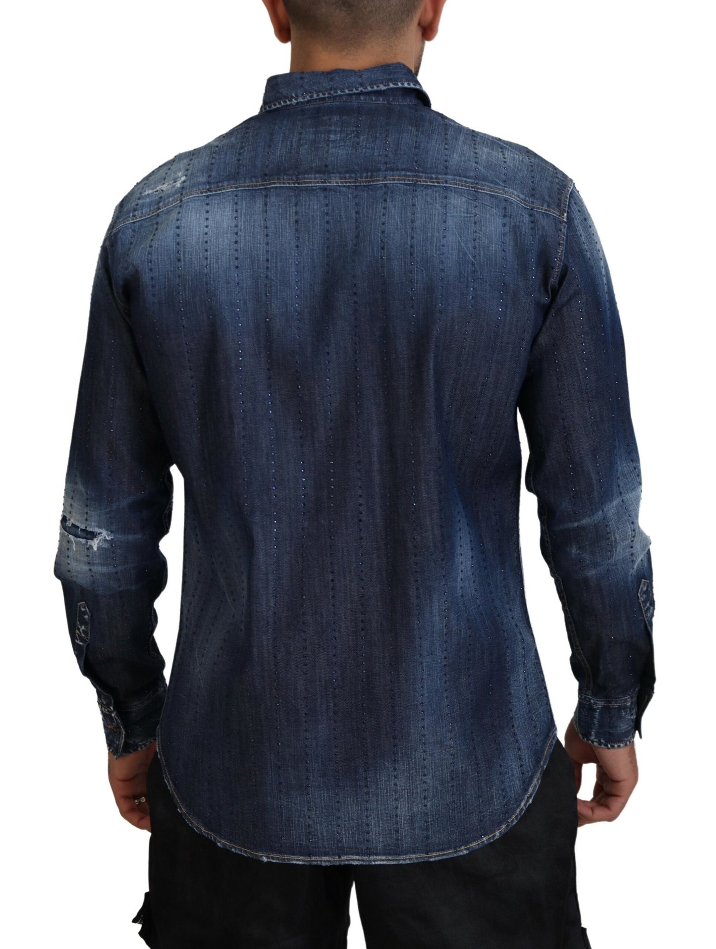 Dsquared² Blue tattered denim shirt with crystal embellishment