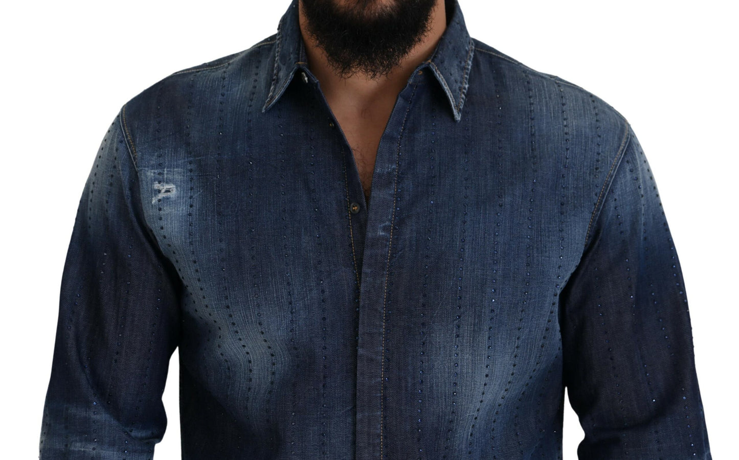 Dsquared² Blue tattered denim shirt with crystal embellishment