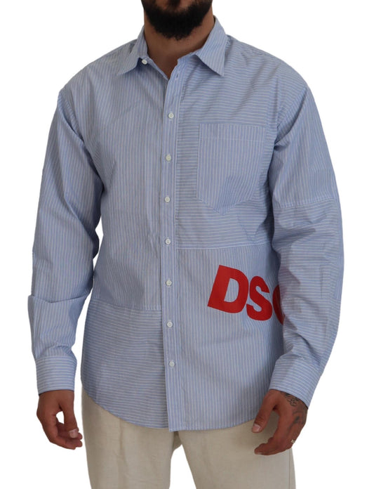 Dsquared² Blue Stripes Logo Print Long Sleeve Shirt Formal