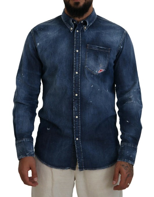 Dsquared² Blue Washed Collared Men's Long Sleeve Casual Shirt