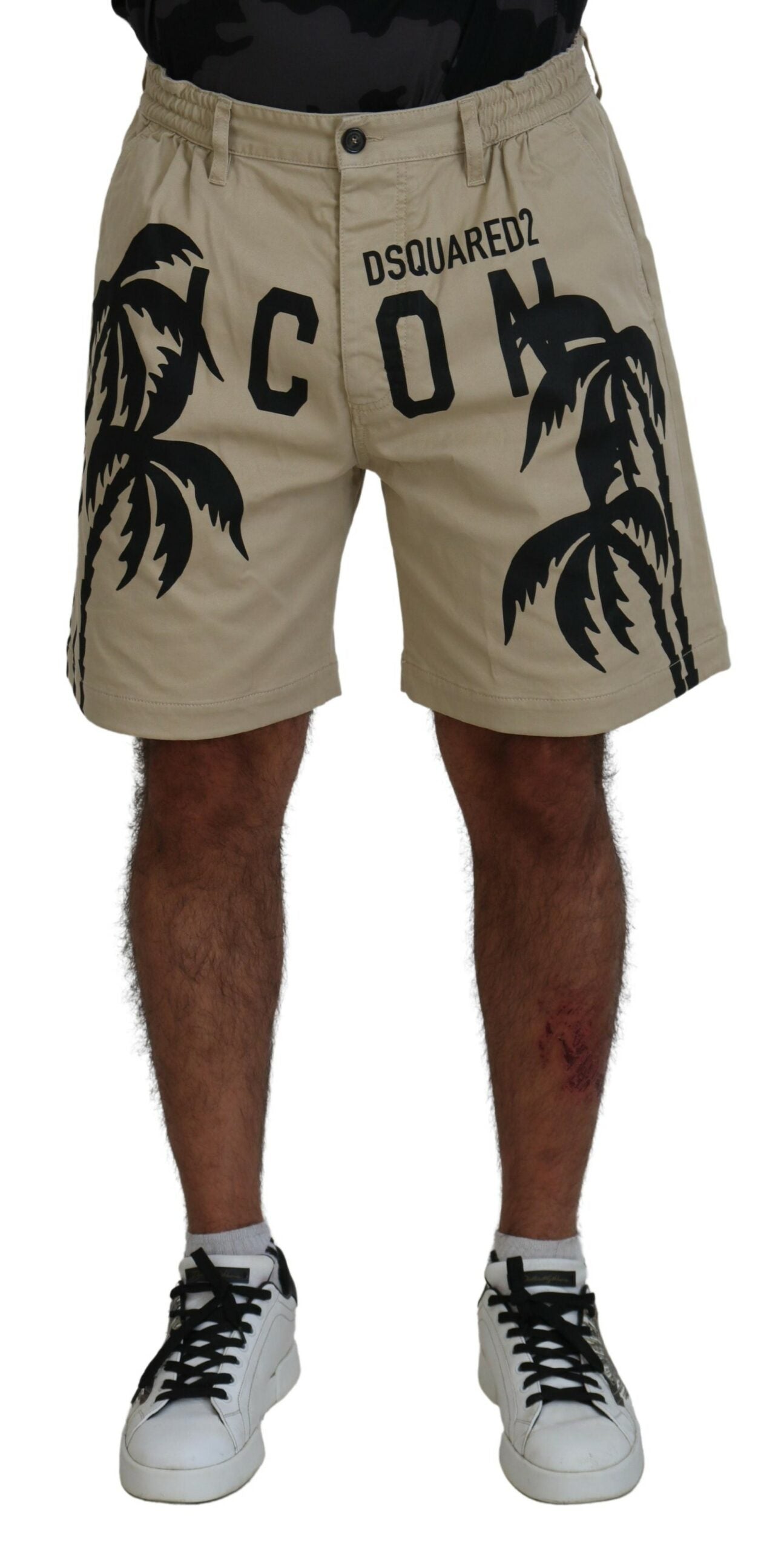 Dsquared² Beigefarbene Logo bedruckte Baumwollshorts über dem Knie