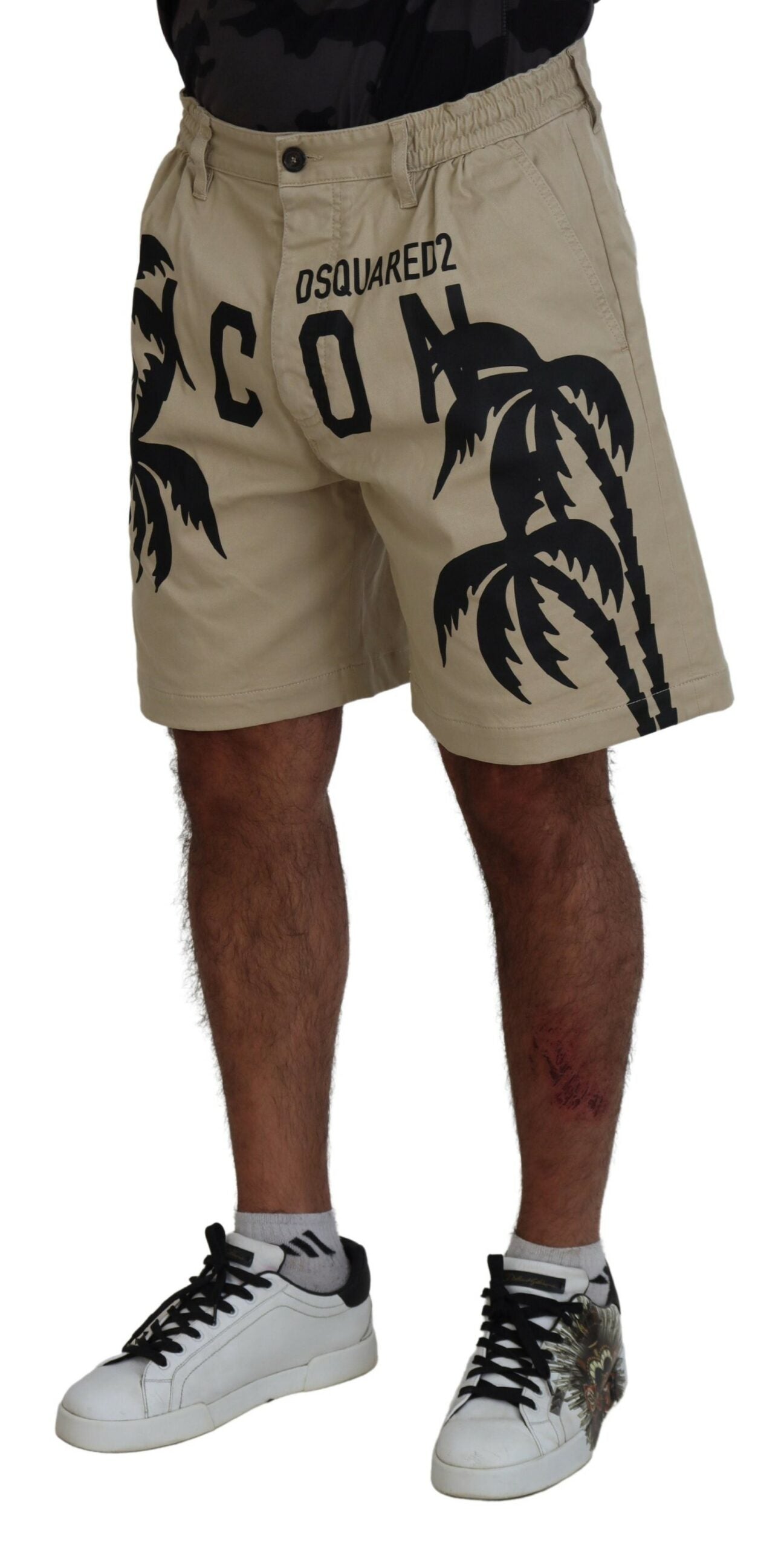 Dsquared² Beigefarbene Logo bedruckte Baumwollshorts über dem Knie