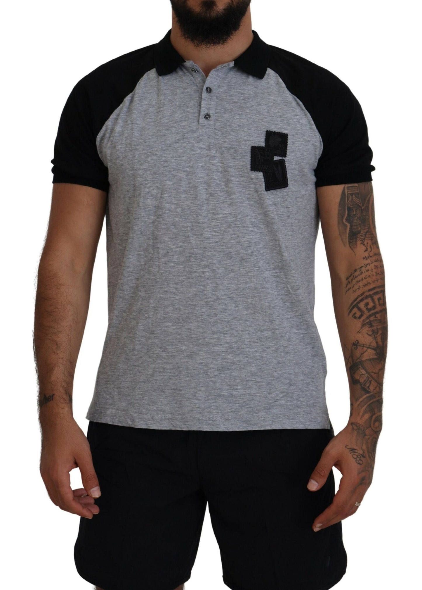 Dsquared² Grey Black Cotton T-Shirt with Short Sleeves and Collar