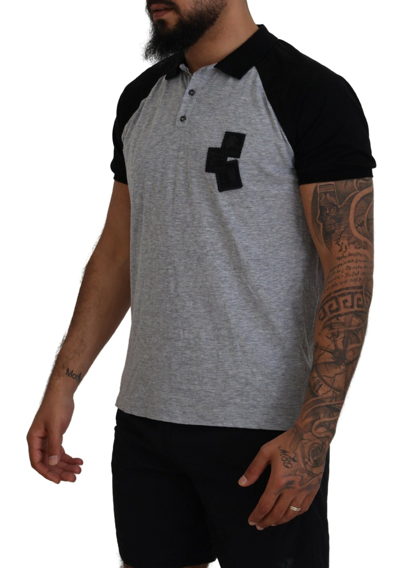 Dsquared² Grey Black Cotton T-Shirt with Short Sleeves and Collar