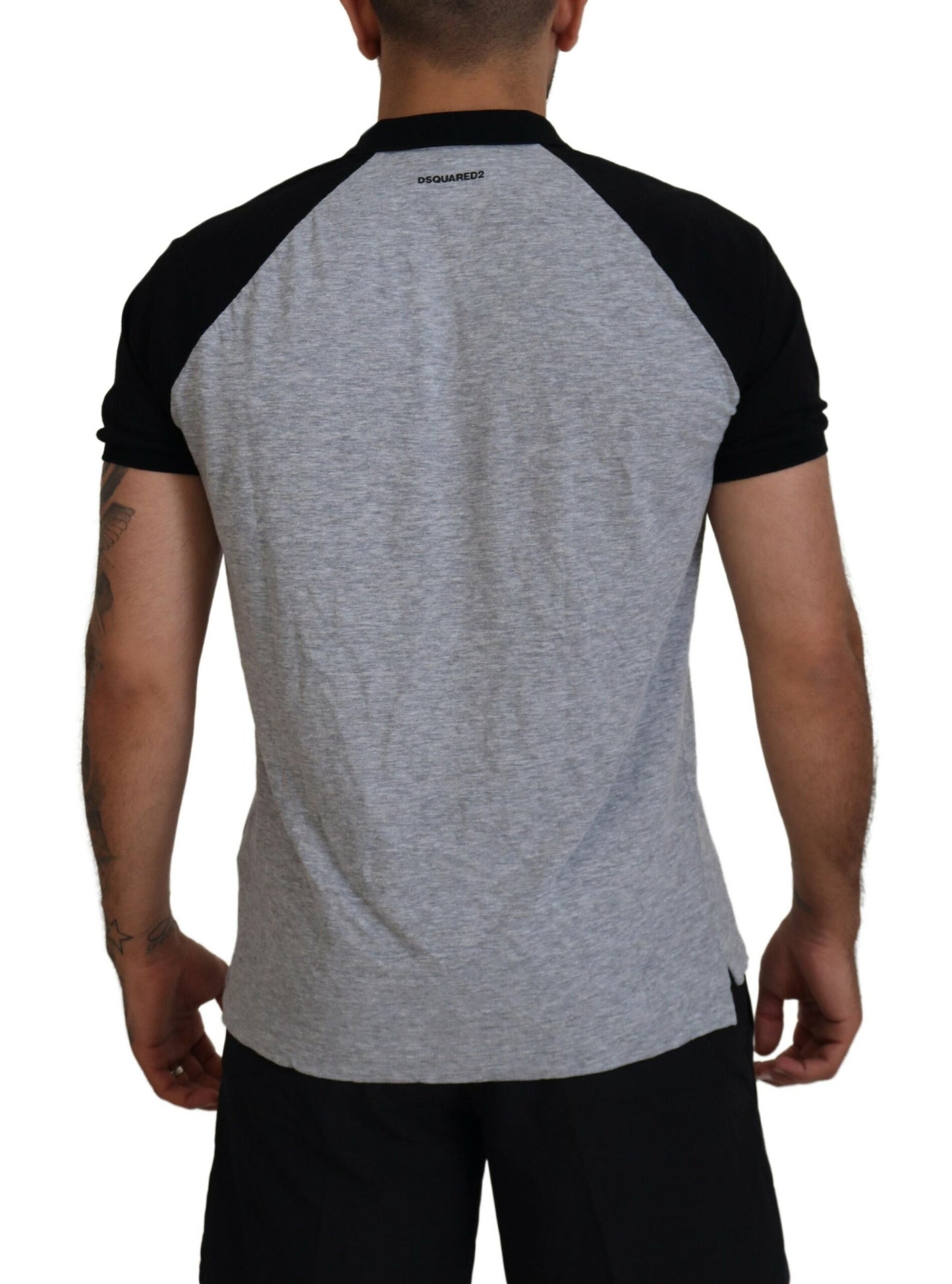 Dsquared² Grey Black Cotton T-Shirt with Short Sleeves and Collar