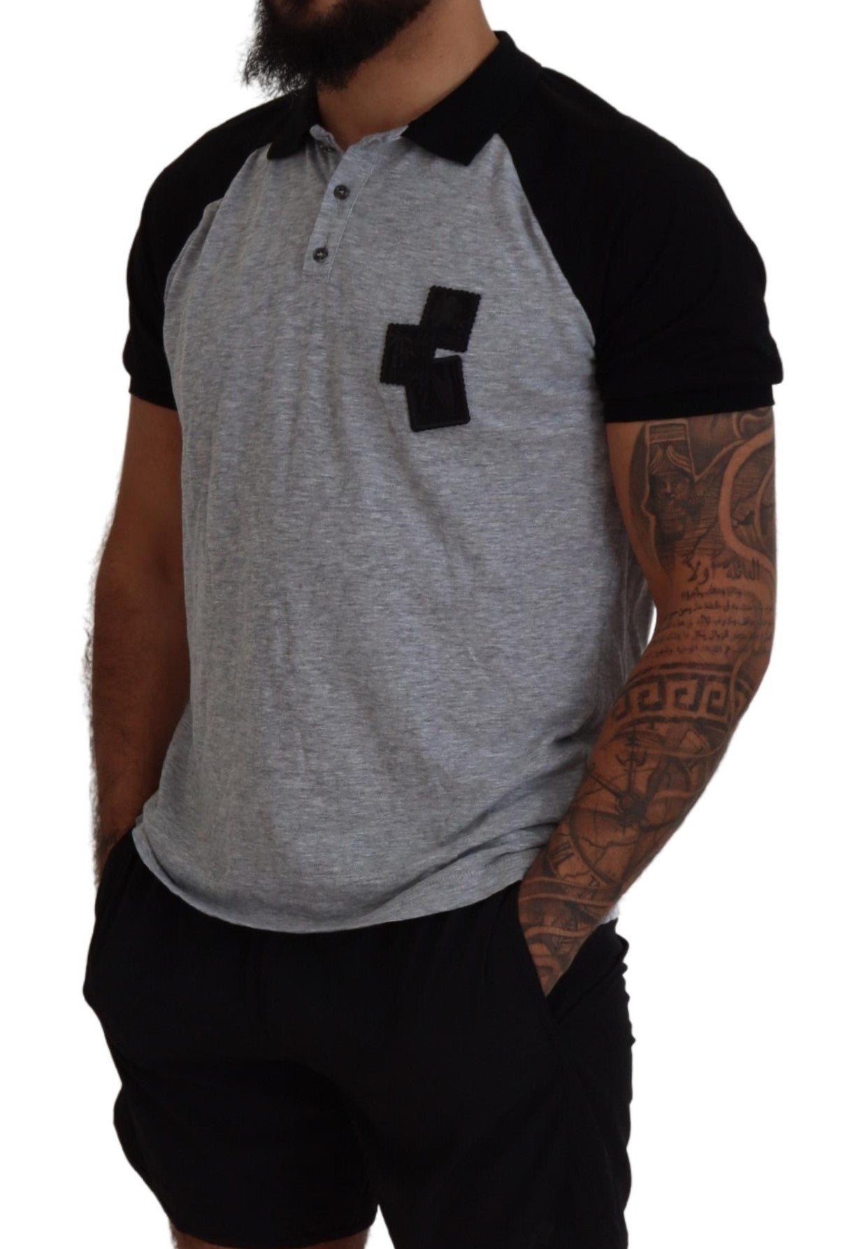 Dsquared² Grey Black Cotton T-Shirt with Short Sleeves and Collar