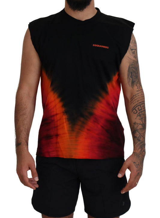 Dsquared² Schwarz-orangefarbenes ärmelloses Tank-T-Shirt aus Baumwolle