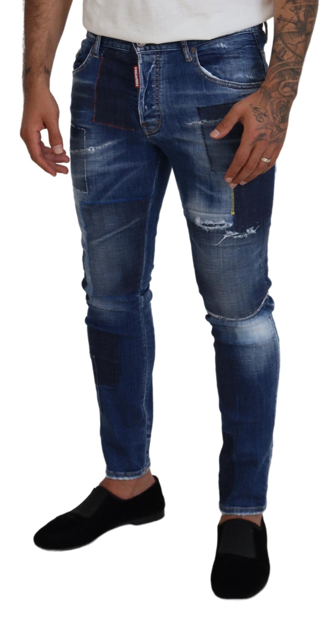 Dsquared² Blau gewaschene Patchwork Skinny Herren Denim Jeans