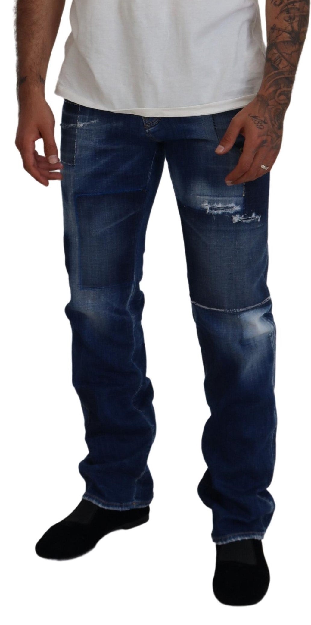 Dsquared² Blaue gewaschene Patchwork-Denimjeans mit gerader Passform