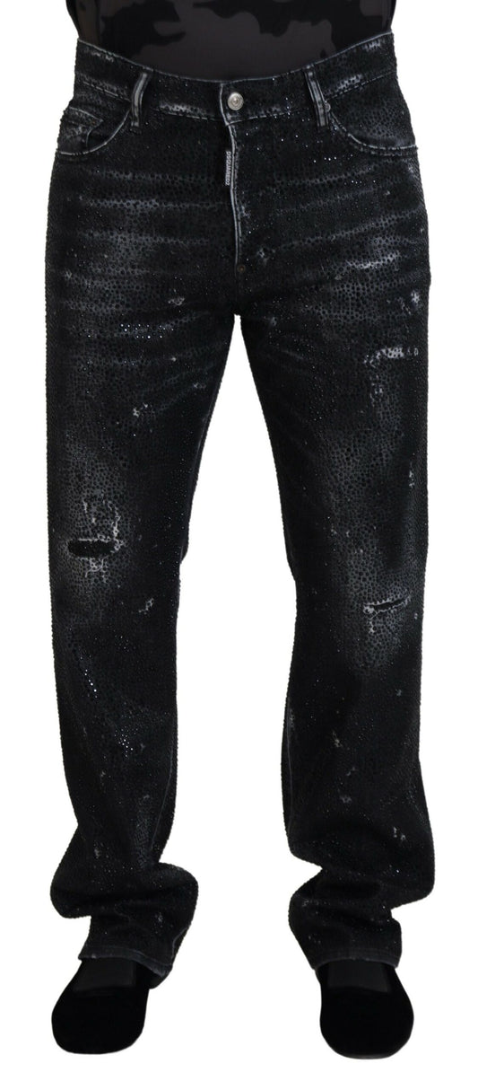 Dsquared² Black Crystal Embellished Ripped Denim Jeans