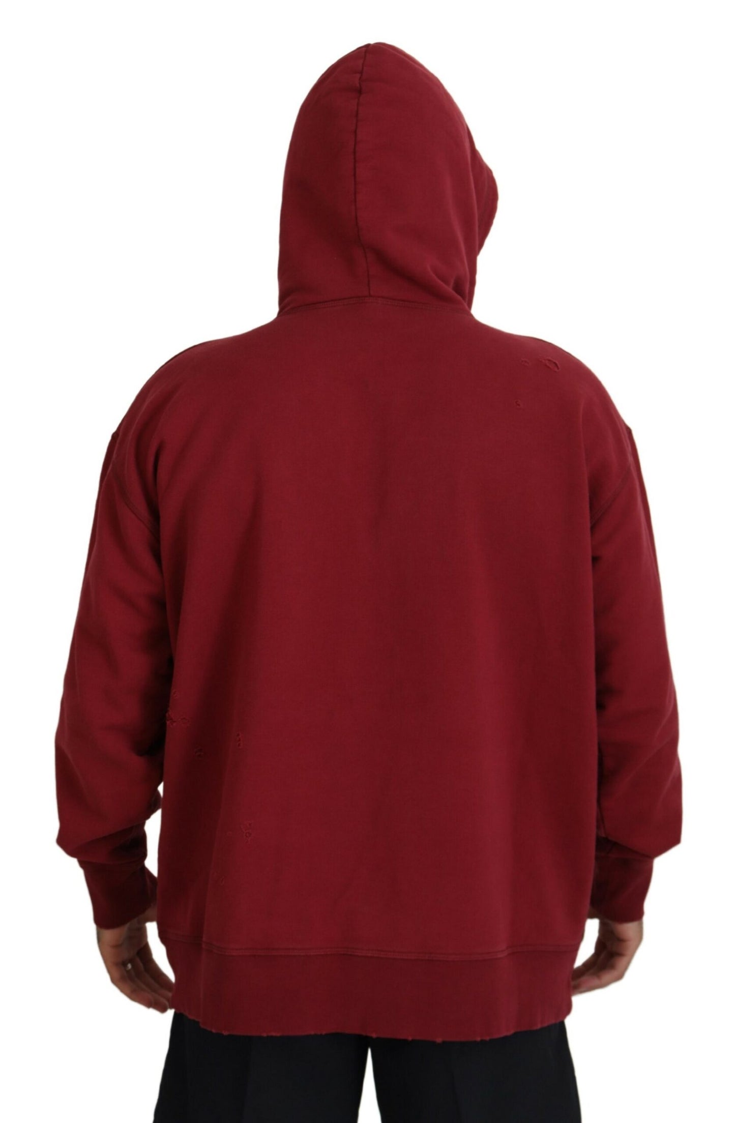 Dsquared² Maroon Cotton Tattered Hooded Printed Pullover