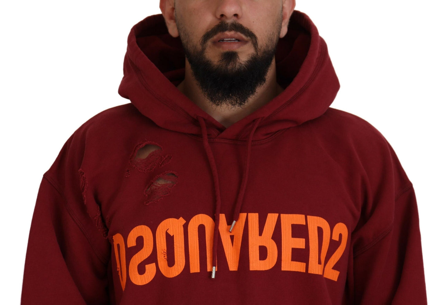 Dsquared² Maroon Cotton Tattered Hooded Printed Pullover