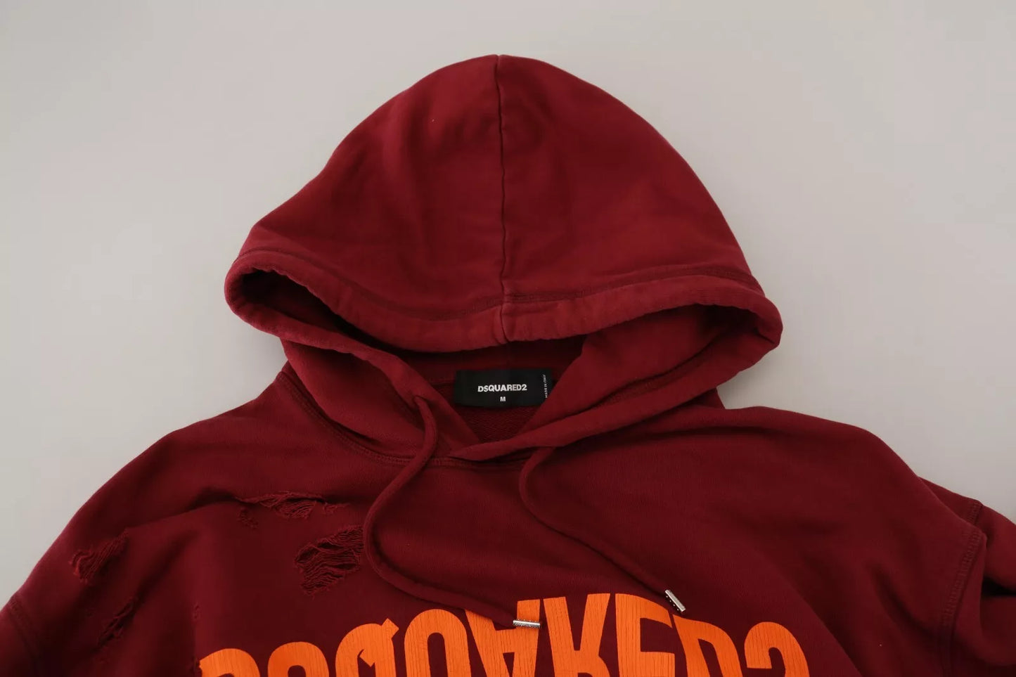 Dsquared² Maroon Cotton Tattered Hooded Printed Pullover