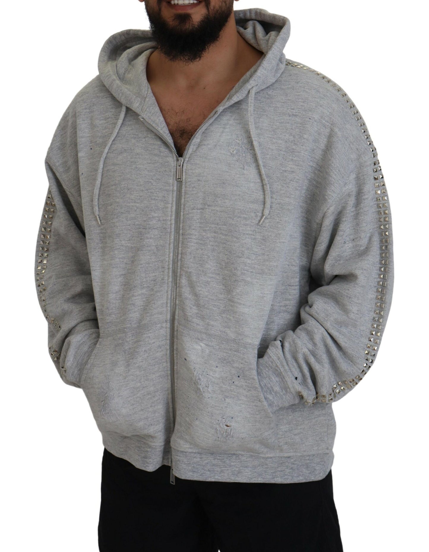 Dsquared² Grey Hooded Sweater with Printed Crystal Embellishment