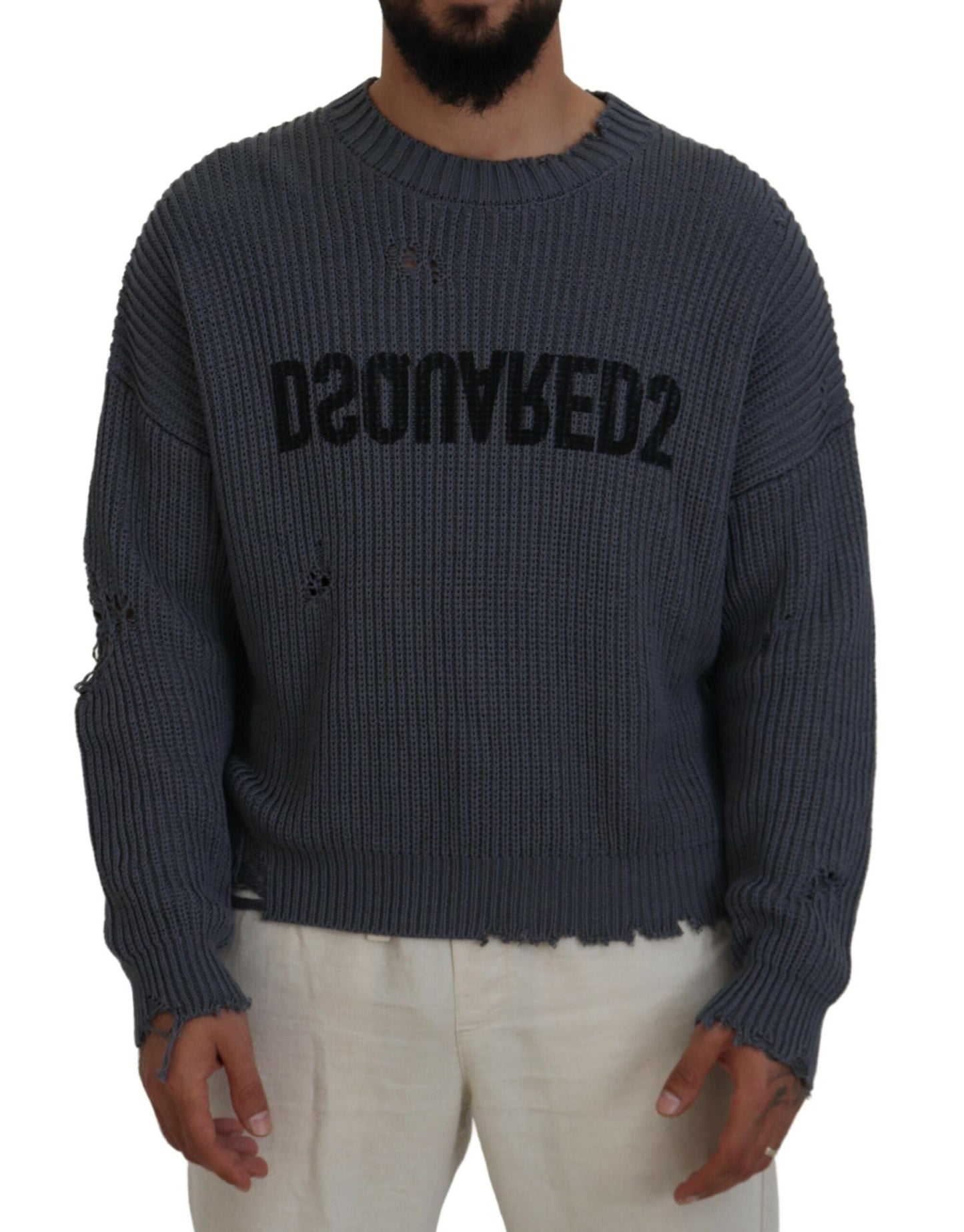 Dsquared² Grey Men's Tattered Knit Sweater