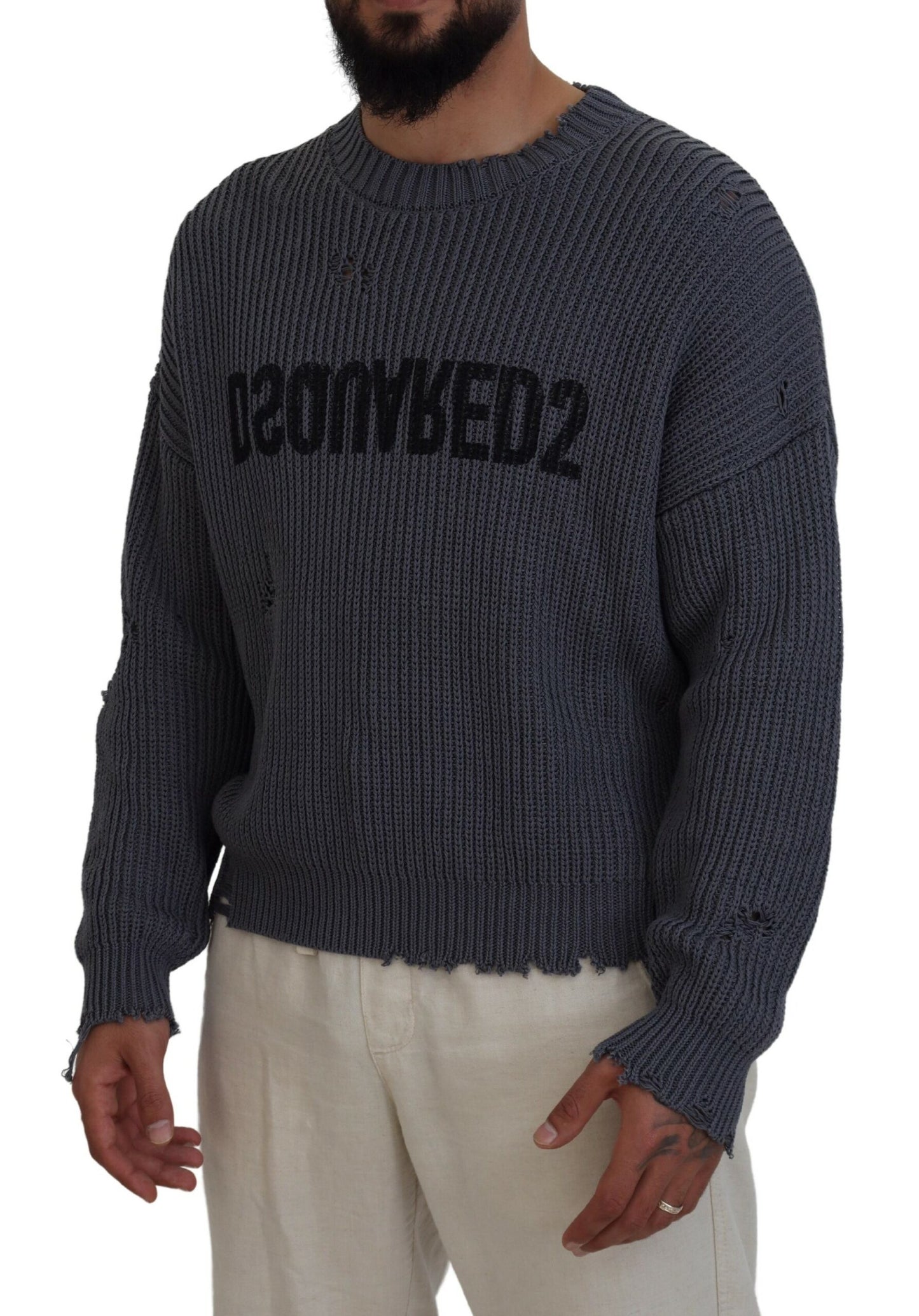 Dsquared² Grey Men's Tattered Knit Sweater