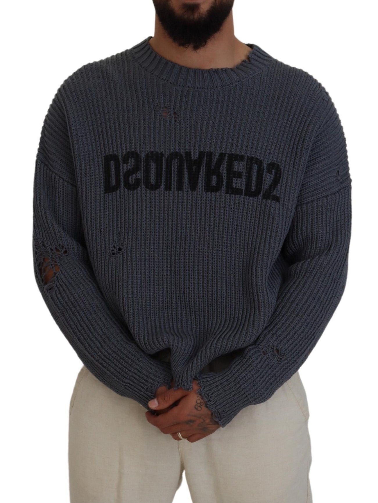 Dsquared² Grey Men's Tattered Knit Sweater