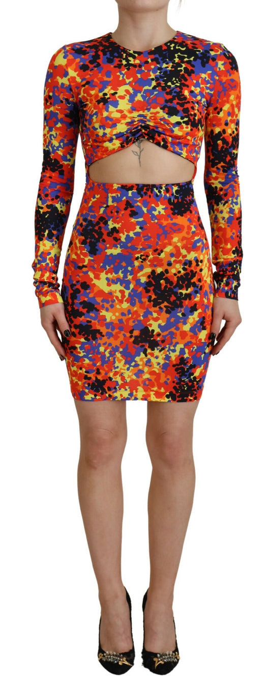 Dsquared² Multicolor Batik Kleid mit langen Ärmeln und offenem Bauch