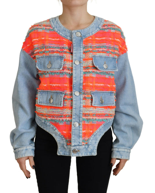 Dsquared² Orange Blau getäfelte Jeansjacke mit Knopfleiste