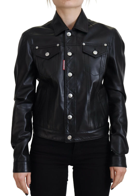 Dsquared² Black leather jacket with collar and long sleeves