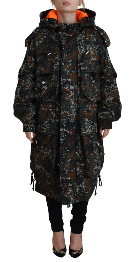 Dsquared² Grüner Goth-Camouflage-Parka-Mantel mit Kapuze