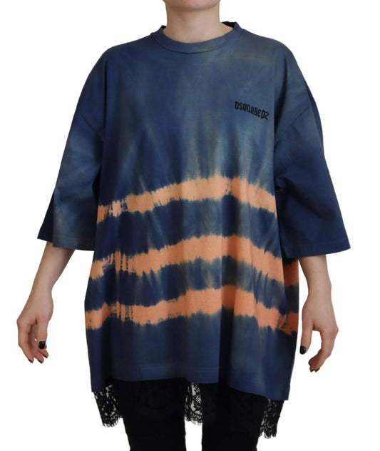 Dsquared² Blue Cotton Tie-Dye Short Sleeve T-Shirt with Lace