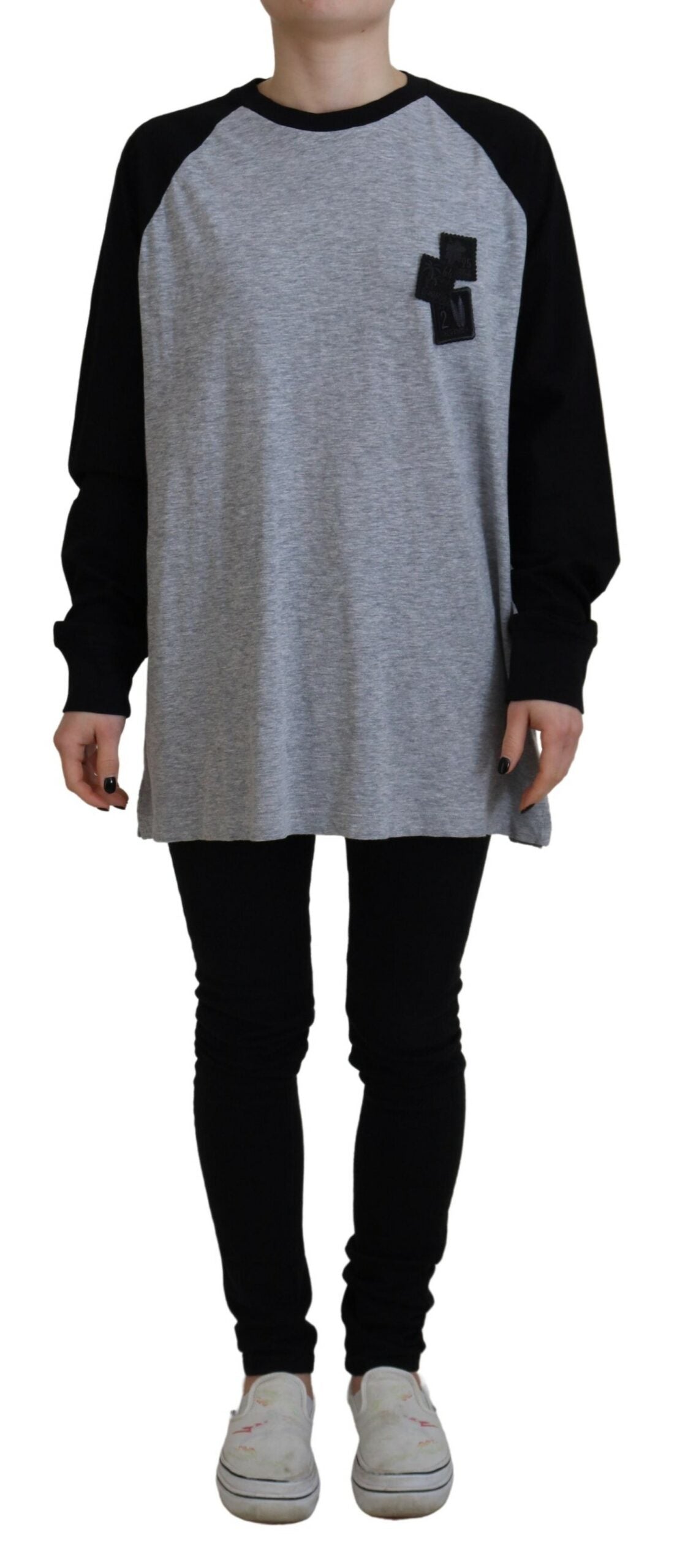 Dsquared² Black Grey Cotton Raglan Long Sleeve Top