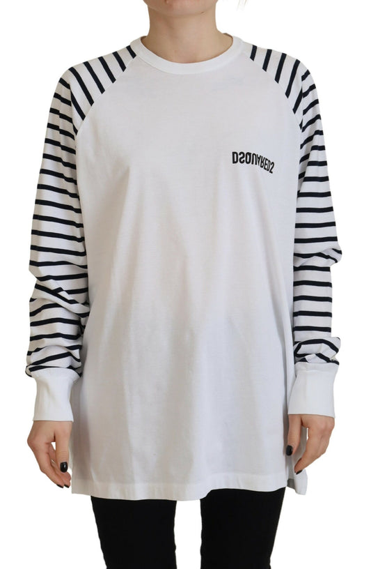 Dsquared² White striped cotton sweater with round neck and short sleeves