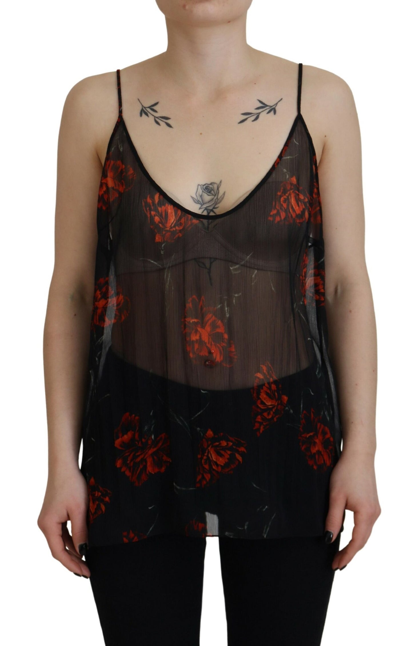 Dsquared² Black floral print spaghetti strap tank blouse