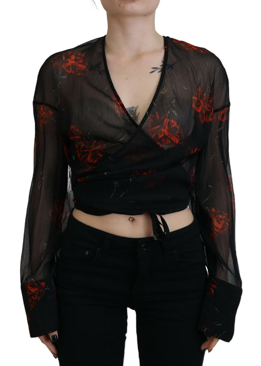 Dsquared² Black floral top with long sleeves and wrap look