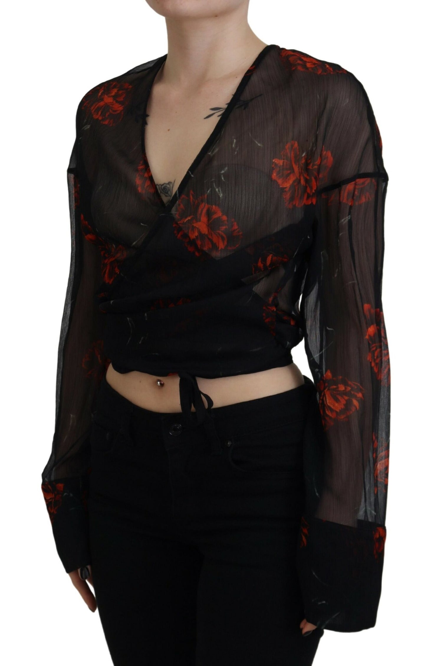 Dsquared² Black floral top with long sleeves and wrap look