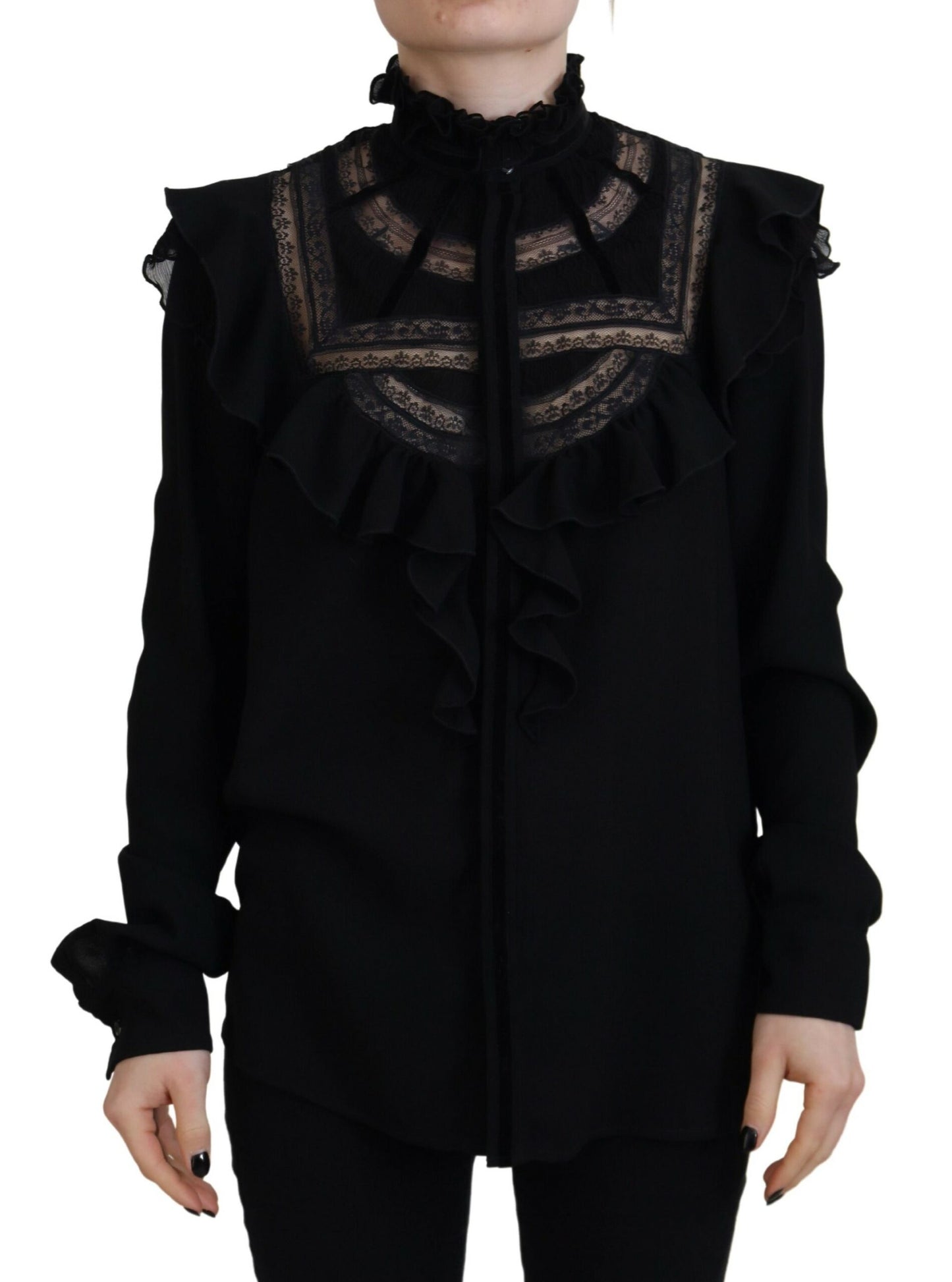 Dsquared² Black turtleneck top with lace trim and long sleeves