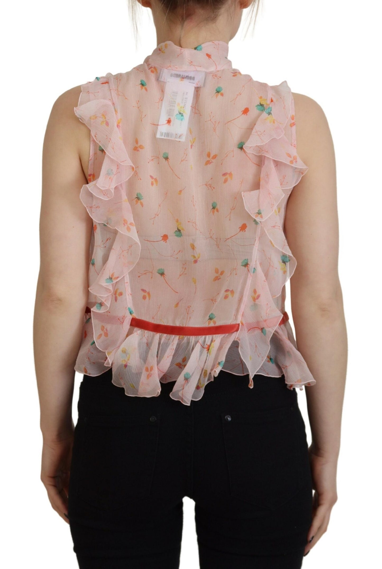 Dsquared² Pink floral silk sleeveless top with ascot collar