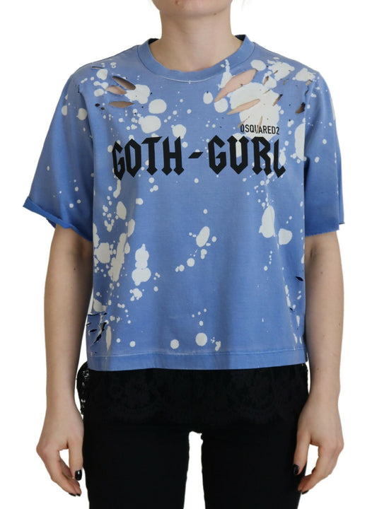 Dsquared² Blaues Goth Gurl Print schwarzer Spitze Baumwolle T-shirt