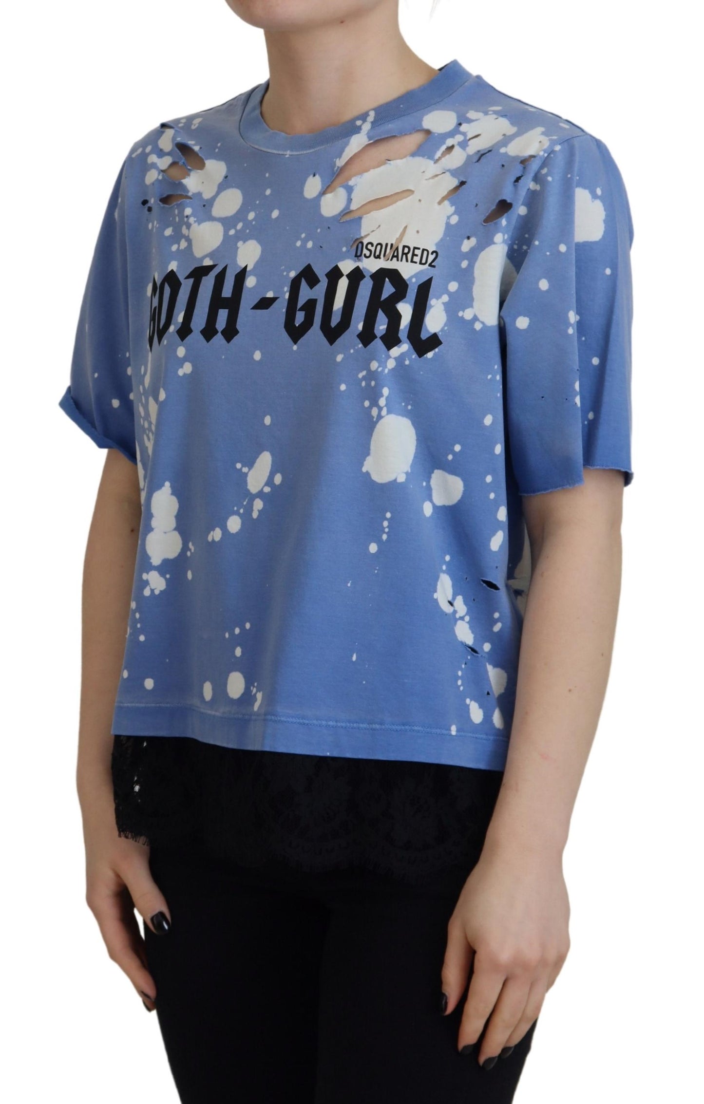 Dsquared² Blaues Goth Gurl Print schwarzer Spitze Baumwolle T-shirt