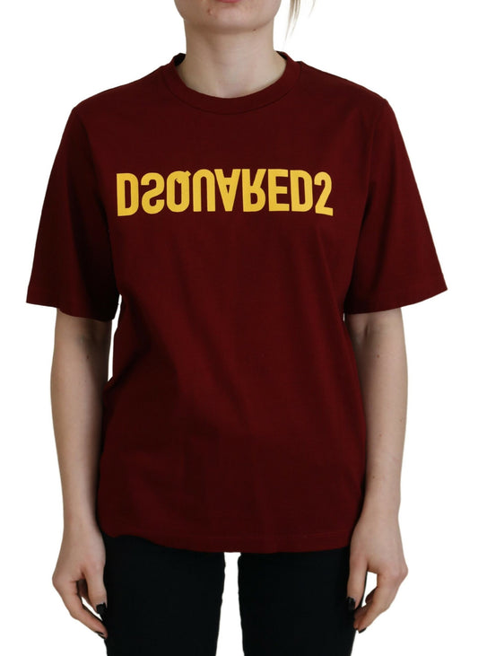 Dsquared² Maroon Logo Cotton Crewneck lyhythihainen T-paita