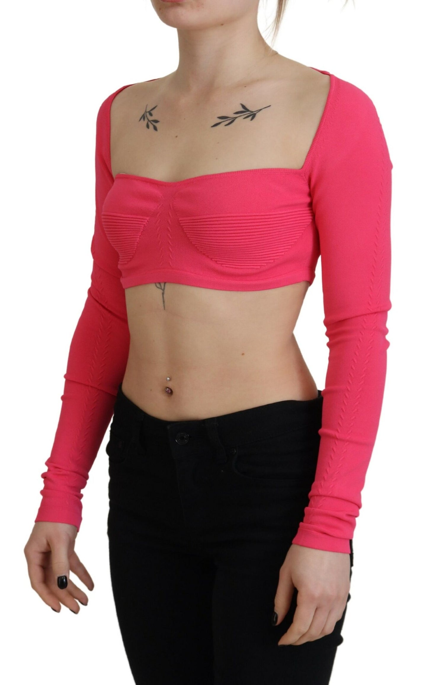 Dsquared² Pink Viscose Knit Square Neck Long Sleeve Top