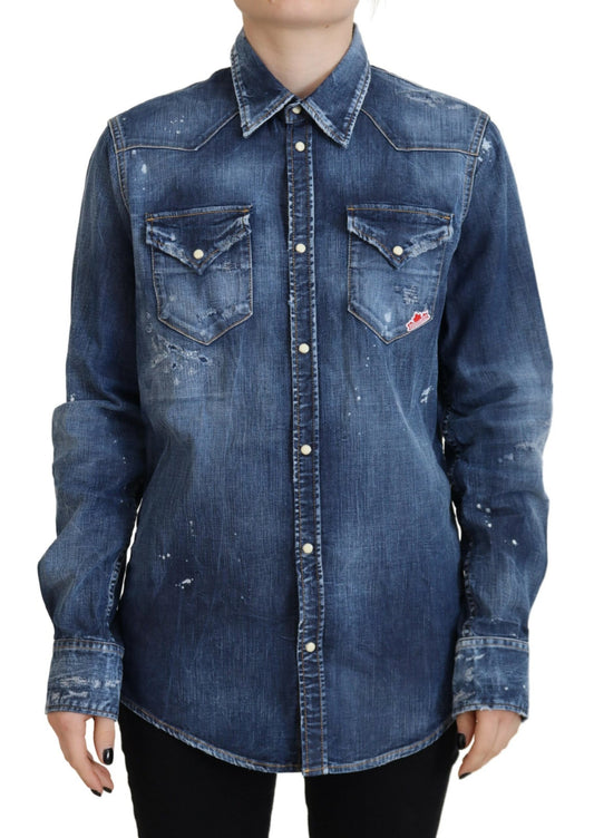 Dsquared² Blue washed cotton shirt with denim button placket