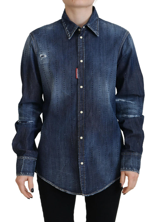 Dsquared² Blue denim button-down top in washed cotton